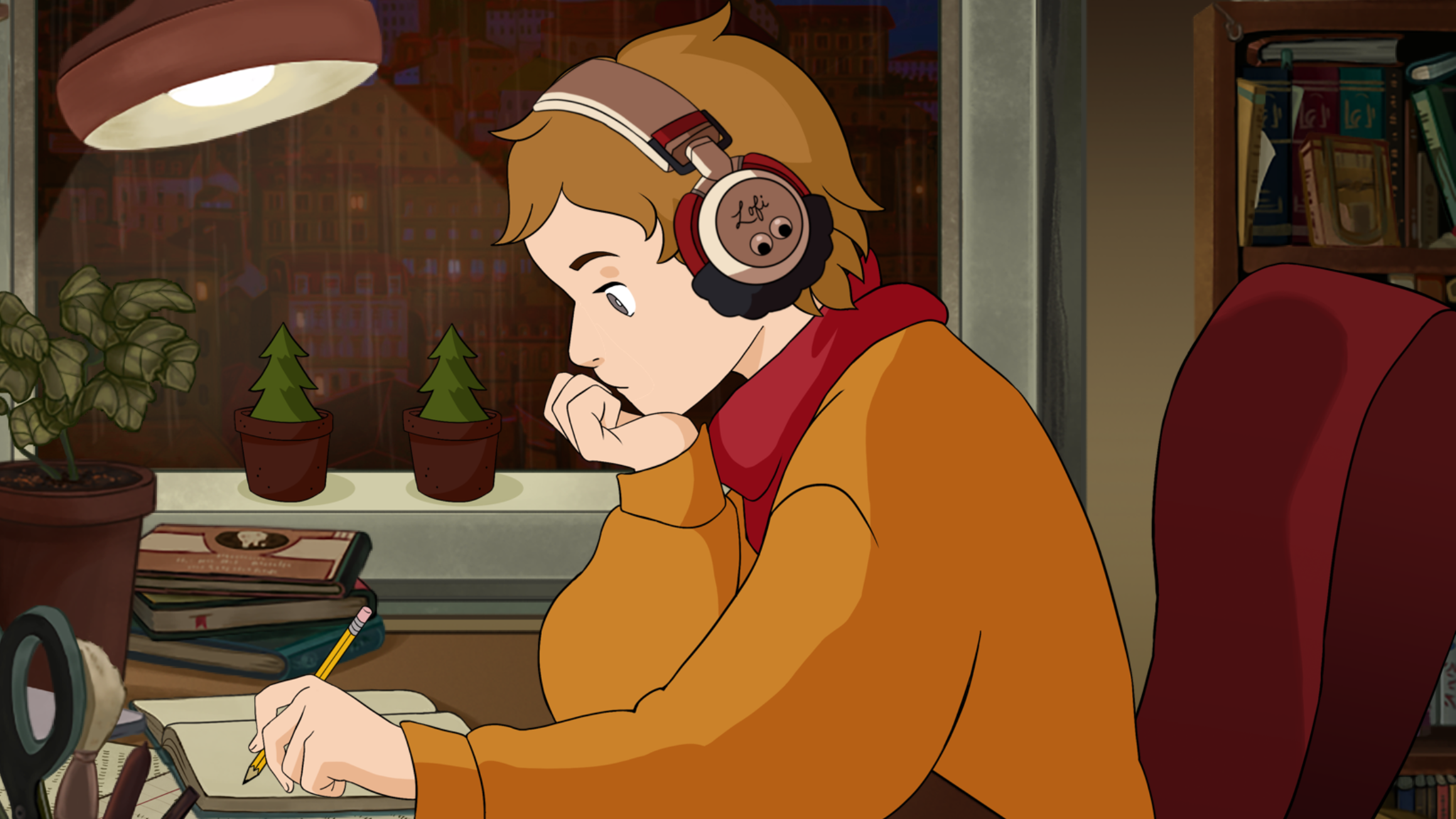 cartoon picture of boy studying at desk